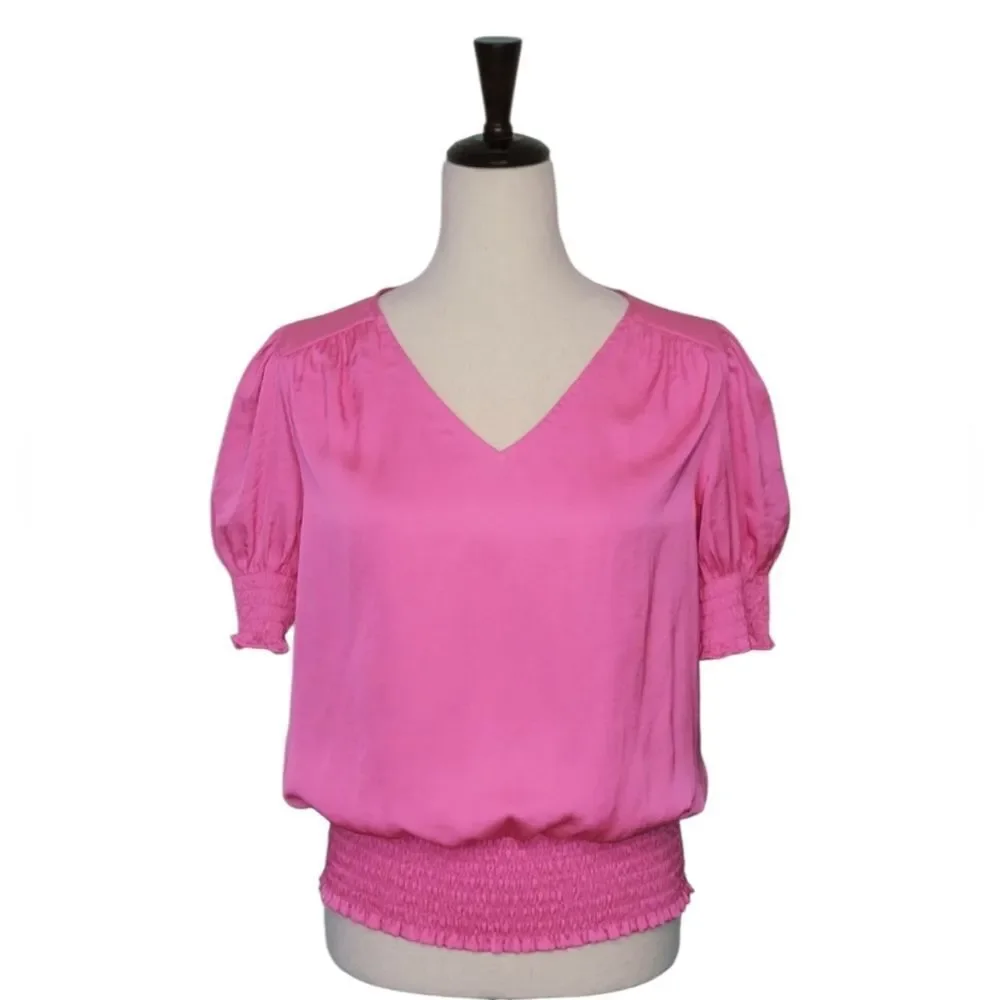 Philosophy Republic Pink V-neck Short Puff Sleeve Smocked Blouse Size M